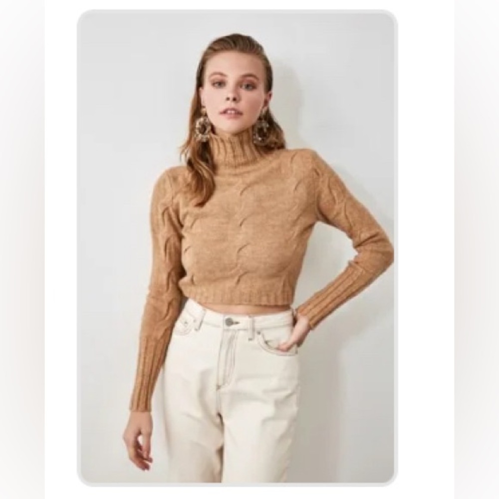 TRENDYOL Camel Crop Cowl Sweater